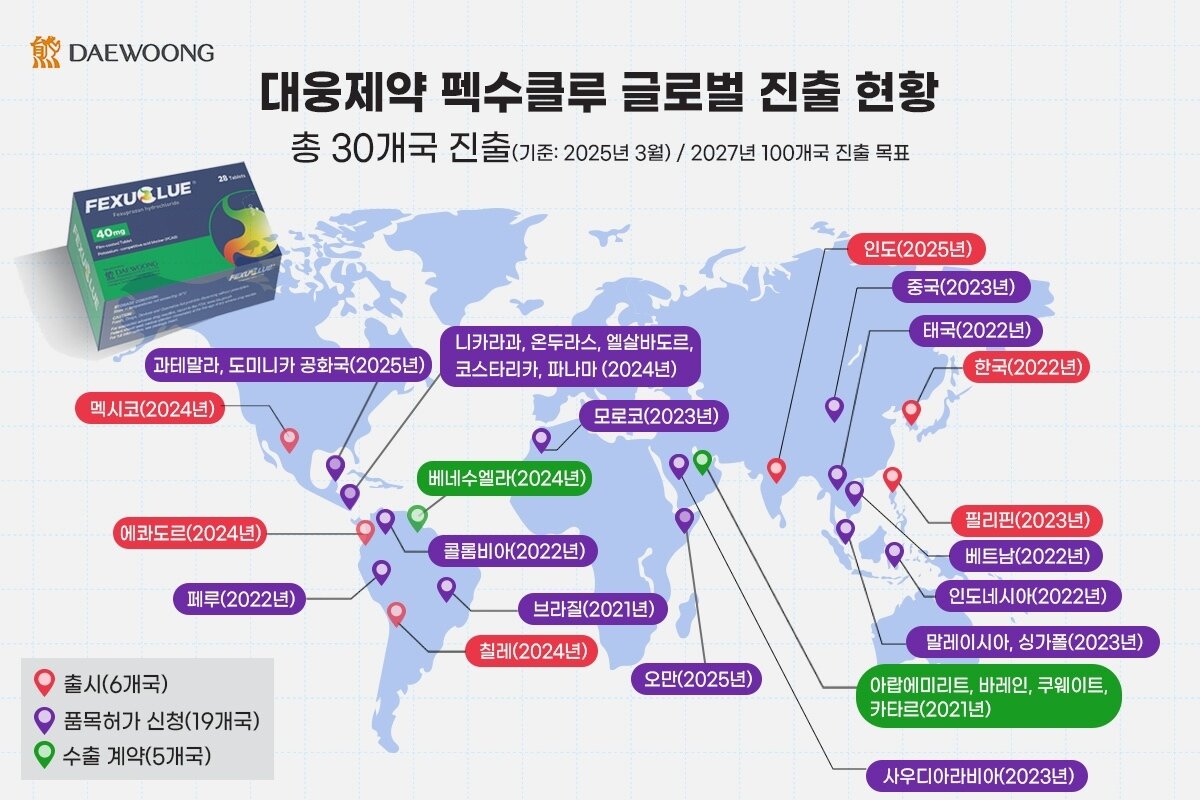 본문 이미지 - 대웅제약 &#39;펙수클루&#39; 글로벌 진출 현황&#40;3월 기준&#41;.&#40;대웅제약 제공&#41;/뉴스1
