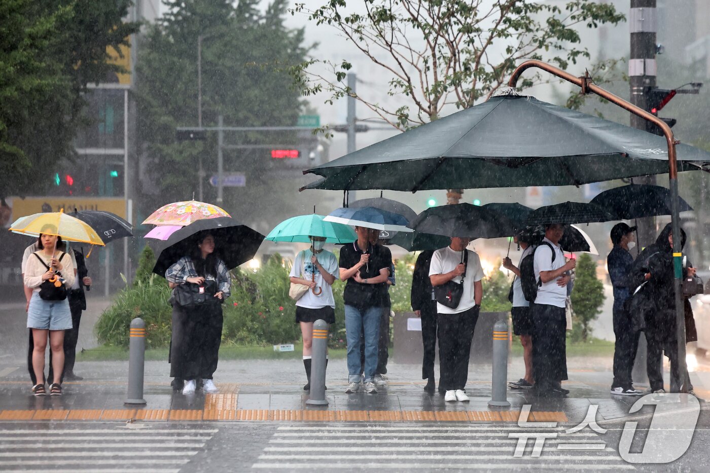 본문 이미지 - 서울에 호우주의보가 내린 13일 서울 종로구 광화문네거리에서 우산을 쓴 시민들이 신호를 기다리고 있다. 2025.8.13/뉴스1 ⓒ News1 민경석 기자