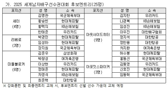 본문 이미지 - 한국남자배구대표팀의 세계선수권 후보 엔트리(대한배구협회 제공) 