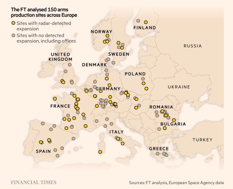 본문 이미지 -  최근 확장세를 보여주는 유럽내 군수시설. 노란 동그라미가 이에 해당한다. (FT 갈무리)