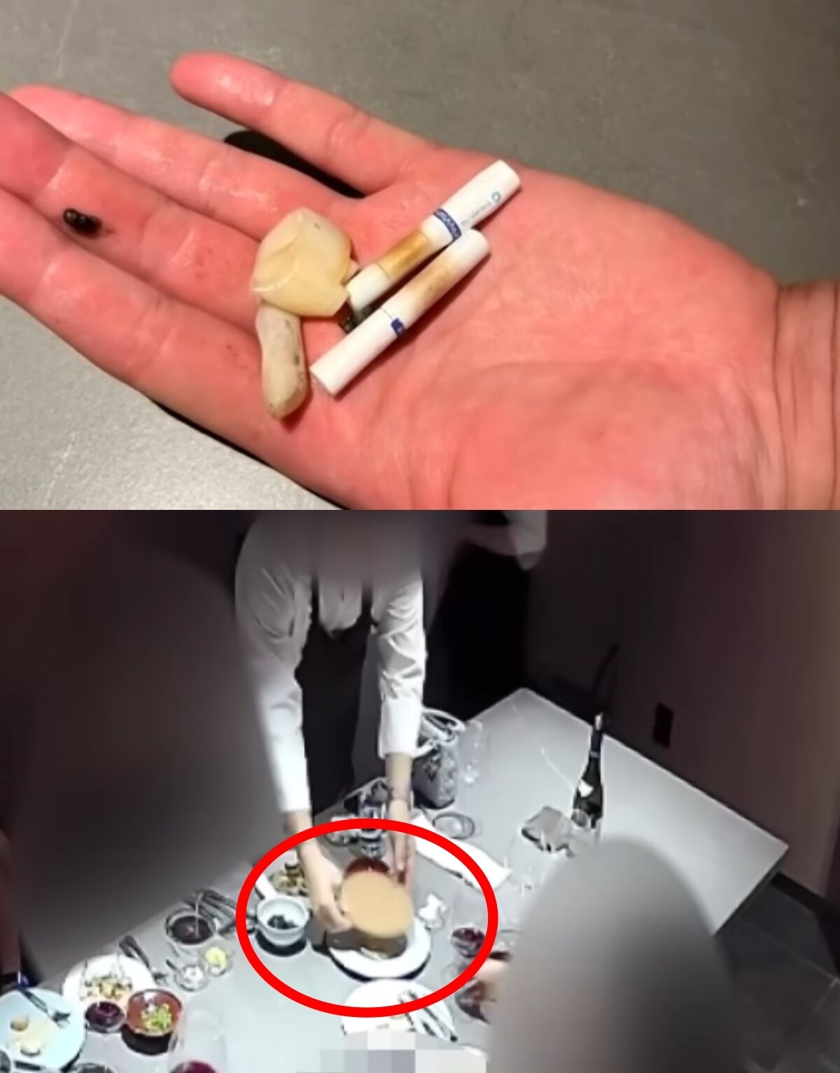본문 이미지 - 손님이 피우고 간 담배 꽁초(위), A 씨가 냄비를 옮기다가 음식 위에 떨어뜨린 냄비받침. (JTBC '사건반장')
