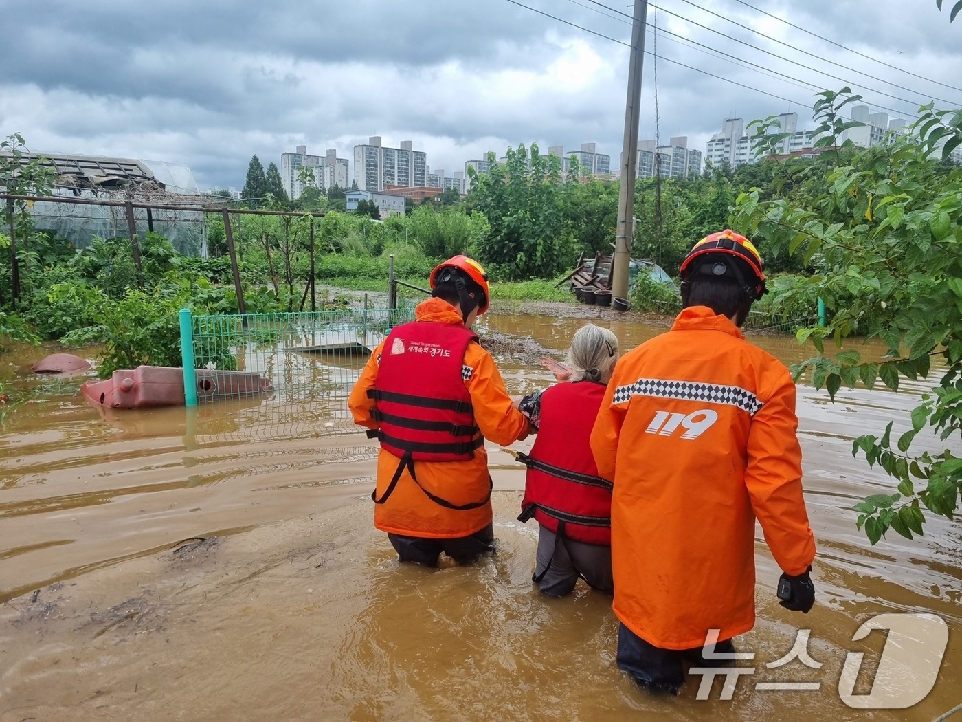 (서울=뉴스1) = 경기북부소방재난본부는13일 경기 고양시 덕양구 대장동 비닐하우스 단지 침수사고로 비닐하우스 일대에 고립됐던 1명이 구조됐다고 밝혔다.사진은 인명구조 현장 모습. …