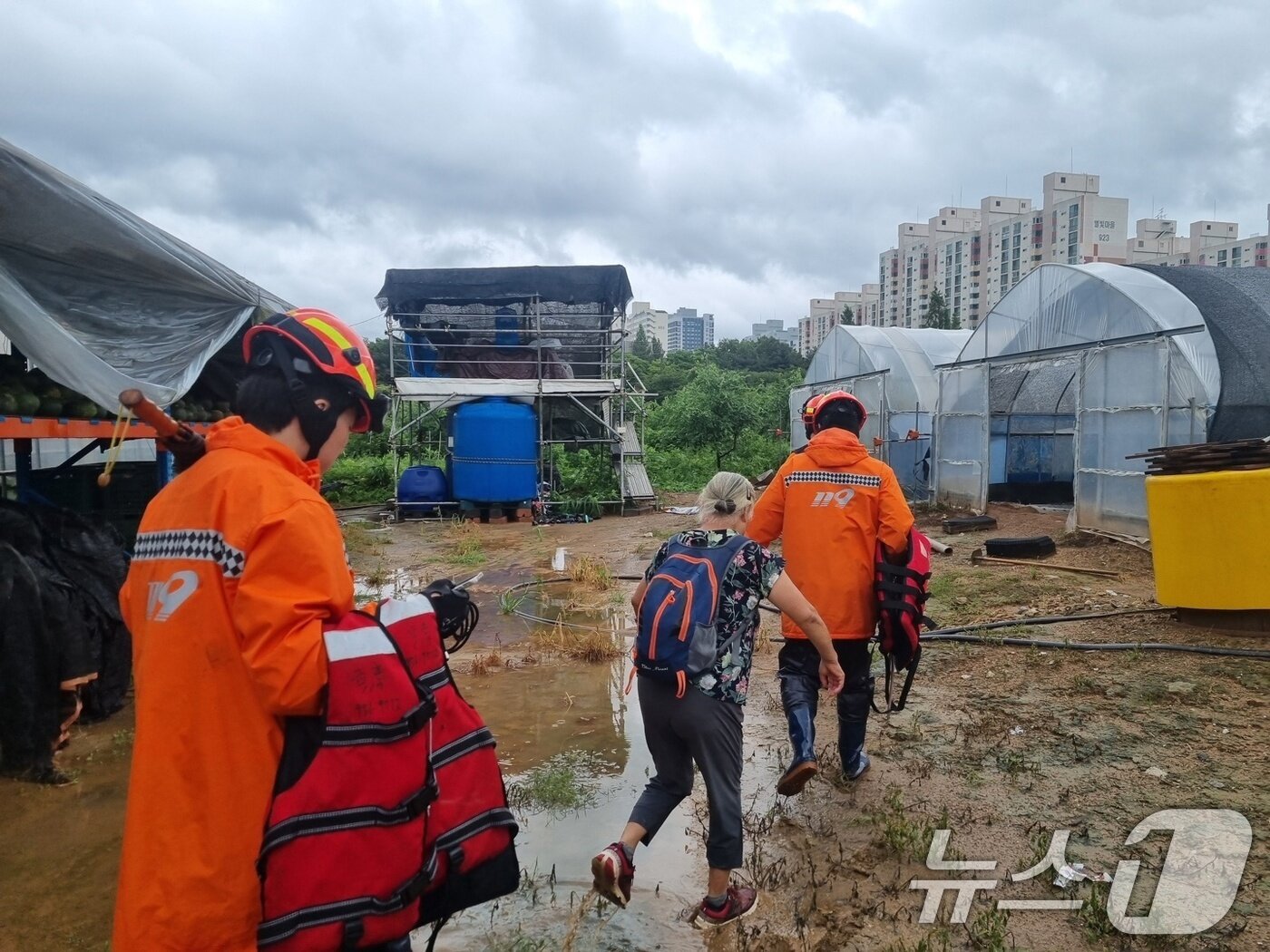 본문 이미지 - 경기북부소방재난본부는13일 경기 고양시 덕양구 대장동 비닐하우스 단지 침수사고로 비닐하우스 일대에 고립됐던 1명이 구조됐다고 밝혔다. 사진은 인명구조 현장 모습. &#40;경기북부소방재난본부 제공. 재판매 및 DB 금지&#41; 2025.8.13/뉴스1