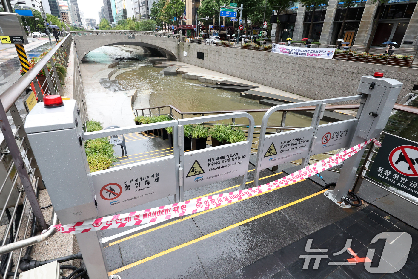 (서울=뉴스1) 민경석 기자 = 서울 지역에 비가 내린 14일 오전 서울 중구 청계천 출입이 이틀째 통제되고 있다. 2025.8.14/뉴스1