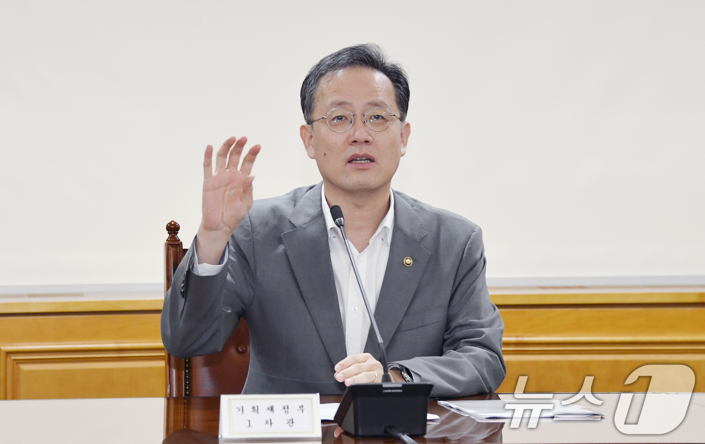 (서울=뉴스1) = 이형일 기획재정부 차관이 14일 서울 중구 은행회관에서 열린 '시장상황점검회의'를 주재하고 있다. (기획재정부 제공. 재판매 및 DB 금지) 2025.8.14/ …