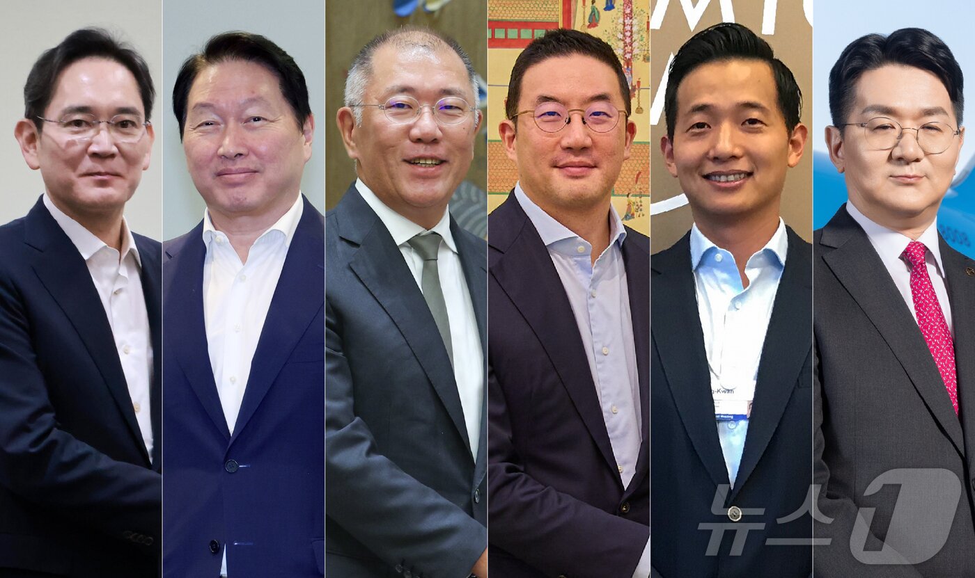 본문 이미지 - 사진 왼쪽부터 이재용 삼성그룹 회장, 최태원 SK그룹 회장, 정의선 현대차그룹 회장, 구광모 LG그룹 회장, 김동관 한화그룹 부회장, 조원태 한진그룹 회장.&#40;뉴스1 자료사진&#41; 