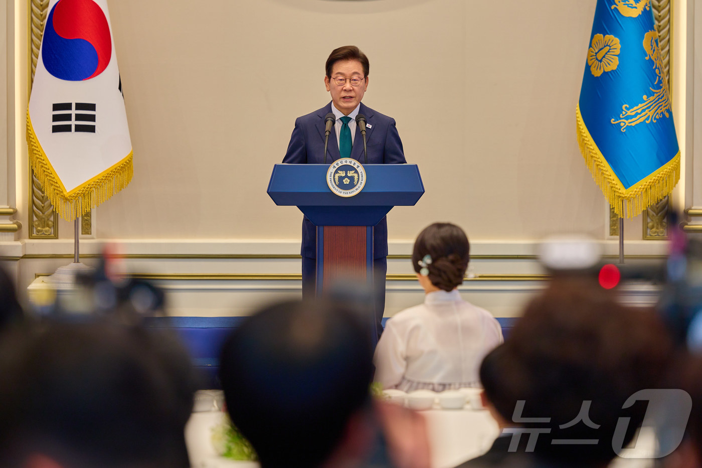 (서울=뉴스1) 이재명 기자 = 이재명 대통령이 지난 14일 청와대 영빈관에서 열린 ‘광복 80주년, 대통령의 초대’ 행사에서 발언을 하고 있다. (이재명 대통령 SNS. 재판매 …