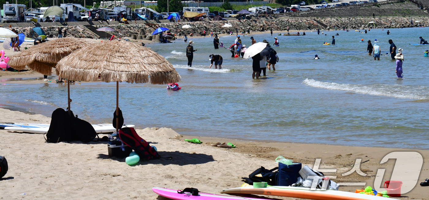 (포항=뉴스1) 최창호 기자 = 17일 오후 경북 포항시 전역에 폭염경보가 발령 중인 가운데 북구 흥해읍 용한리 해수욕장에서 피서객들이 더위를 식히고 있다. 2025.8.17/뉴스 …