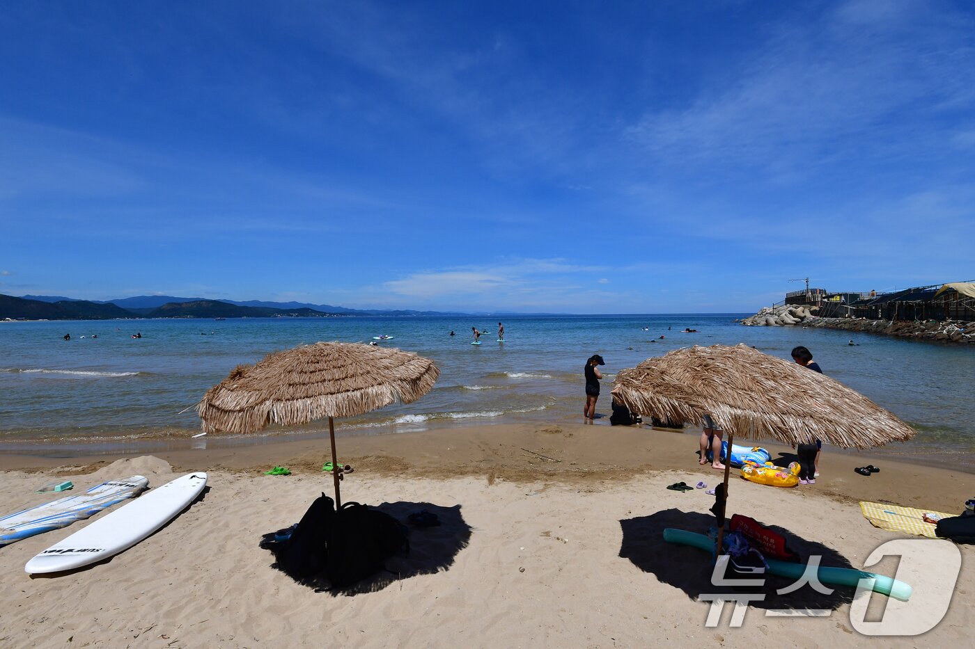 본문 이미지 - 17일 오후 경북 포항시 전역에 폭염경보가 발령 중인 가운데 북구 흥해읍 용한리 해수욕장에서 더위를 식히고 있다. 2025.8.17/뉴스1 ⓒ News1 최창호 기자