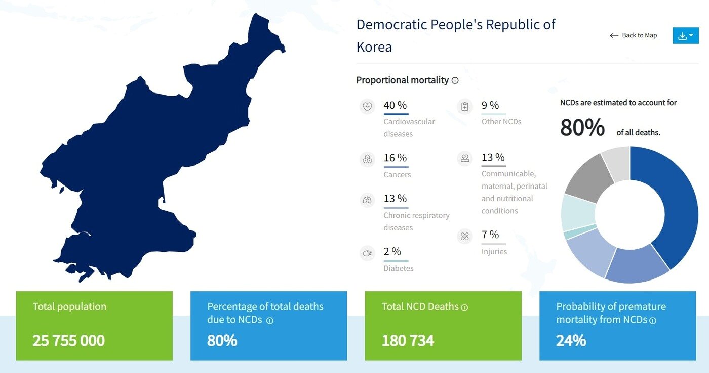 본문 이미지 - 세계보건기구&#40;WHO&#41;가 북한 내 비전염성 질환으로 인한 사망율이 80%에 이른다고 2022년 밝혔다. &#40;출처=비전염성질환 정보 사이트&#41;