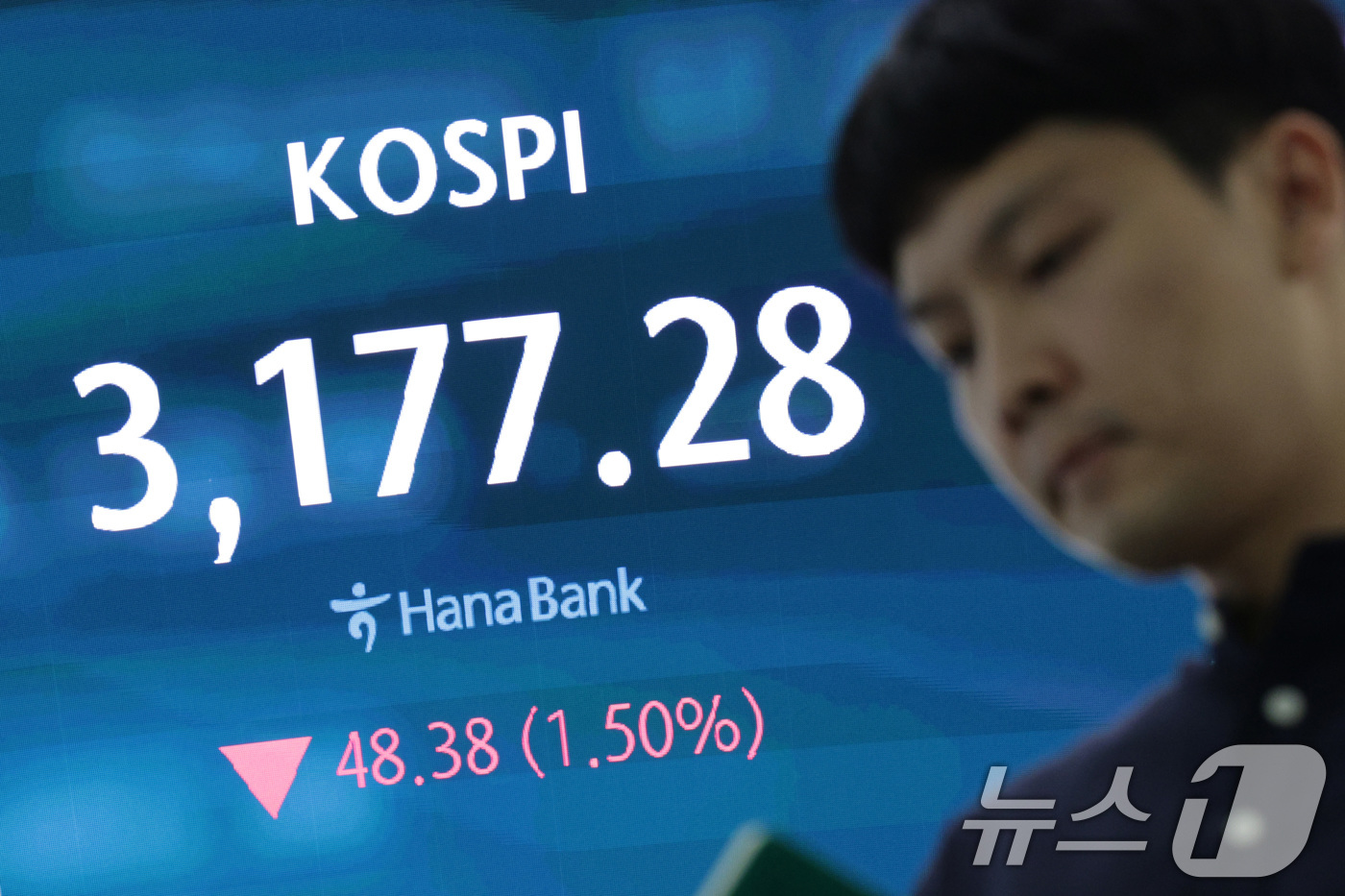 (서울=뉴스1) 신웅수 기자 = 18일 오후 서울 중구 하나은행 본점 딜링룸 전광판에 코스피 지수가 표시되고 있다.이날 코스피 지수는 전거래일 대비 48.38포인트(1.50%) 하 …