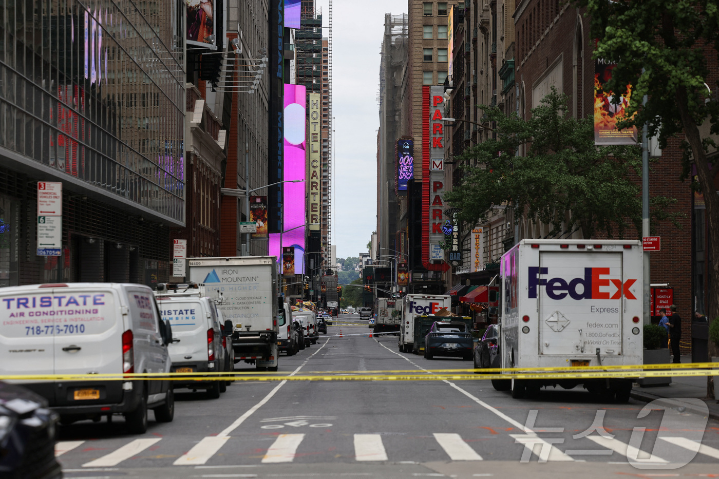 (뉴욕 로이터=뉴스1) 윤다정 기자 = 18일(현지시간) 오전 뉴욕 타임스퀘어 43번가의 차량 통행이 통제되고 있다. 2025.08.18.ⓒ 로이터=뉴스1