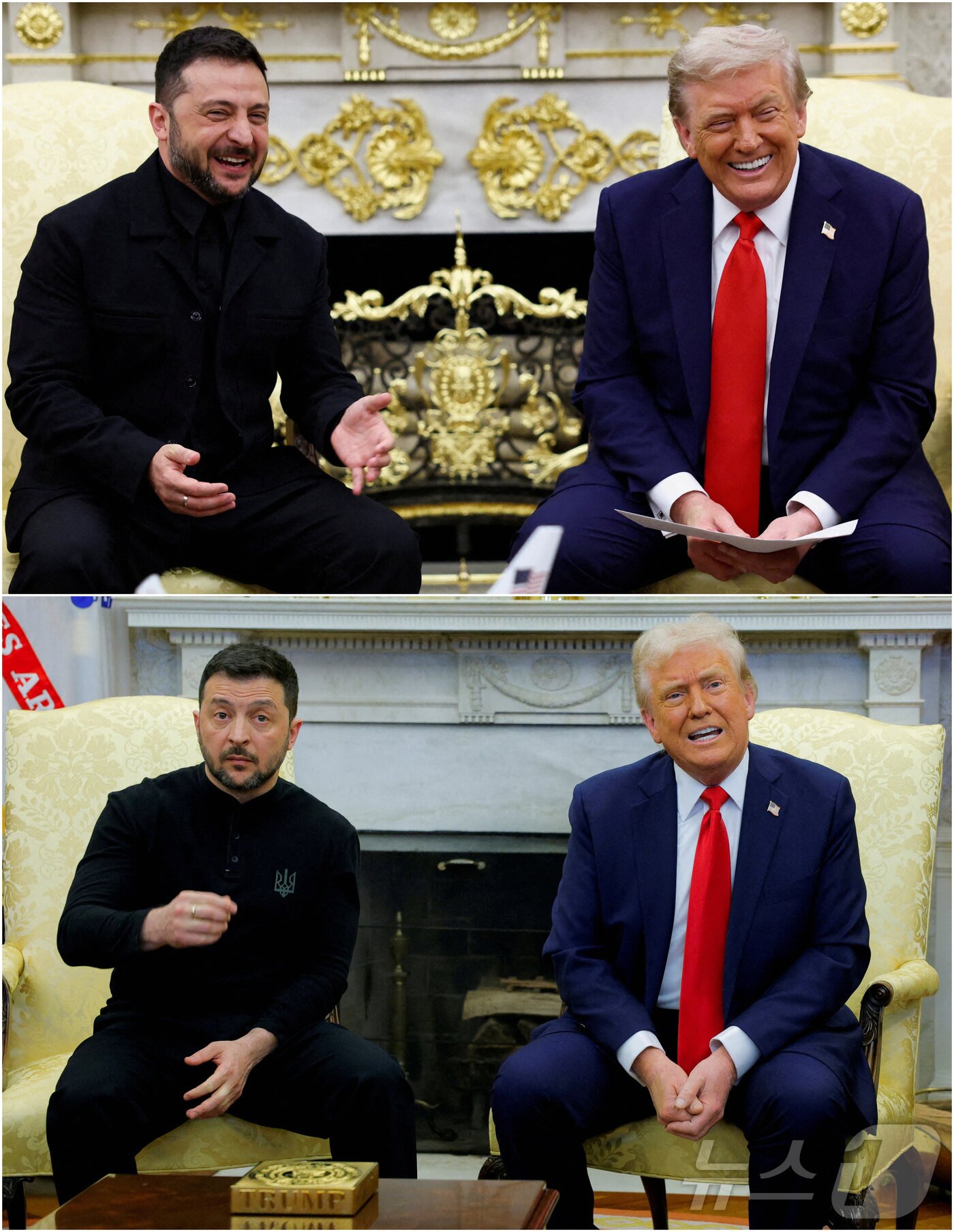 본문 이미지 - 도널드 트럼프 미국 대통령과 볼로디미르 젤렌스키 우크라이나 대통령의 2025년 2월 28일&#40;아래&#41; 백악관 정상회담 장면과 8월 18일 정상회담 장면.  젤렌스키 대통령이 정장을 입지 않은 2월28일 회담과 입은 8월18일 회담의 분위기 차이를 사진에서도 느낄 수 있다. 2025.08.18. ⓒ 로이터=뉴스1 ⓒ News1 권영미 기자