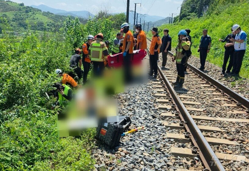 본문 이미지 - 19일 오전 11시 50분쯤 경북 청도군 청도소싸움 경기장 인근 경부선 철로에서 마산으로 향하던 무궁화 열차가 선로에서 작업하던 근로자 7명을 치는 사고가 발생해 출동한 119구조대원이 부상자를 옮기고 있다.  (경북소방본부제공,재판매 및 DB금지) 2025.8.19/뉴스1 ⓒ News1 최창호 기자