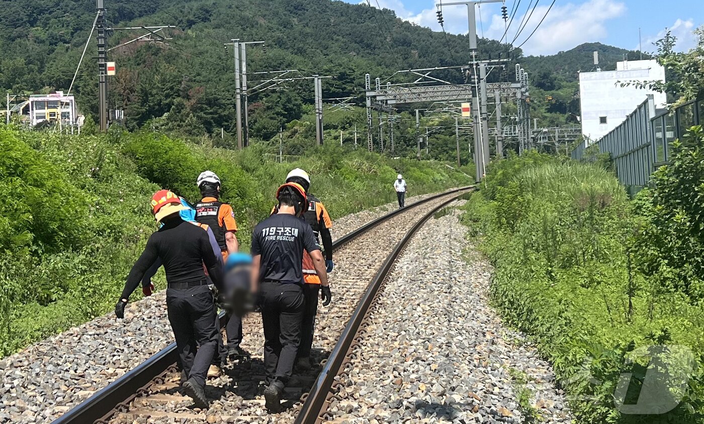 본문 이미지 - 19일 오전 11시 50분쯤 경북 청도군 청도소싸움 경기장 인근 경부선 철로에서 마산으로 향하던 무궁화 열차가 선로에서 작업하던 근로자 7명을 치는 사고가 발생해 출동한 119구조대원이 부상자를 옮기고 있다. 소방 당국 등에 따르면 근로자들은 수혜지역 비탈면의 안전 점검을 위해 작업하다 열차에 부딪혔다. 이 사고로 현재까지 2명이 숨지고, 4명이 중상, 1명이 경상을 입었다. (청도소방서 제공, 재판매 및 DB금지) 2025.8.19/뉴스1 ⓒ News1 정우용 기자