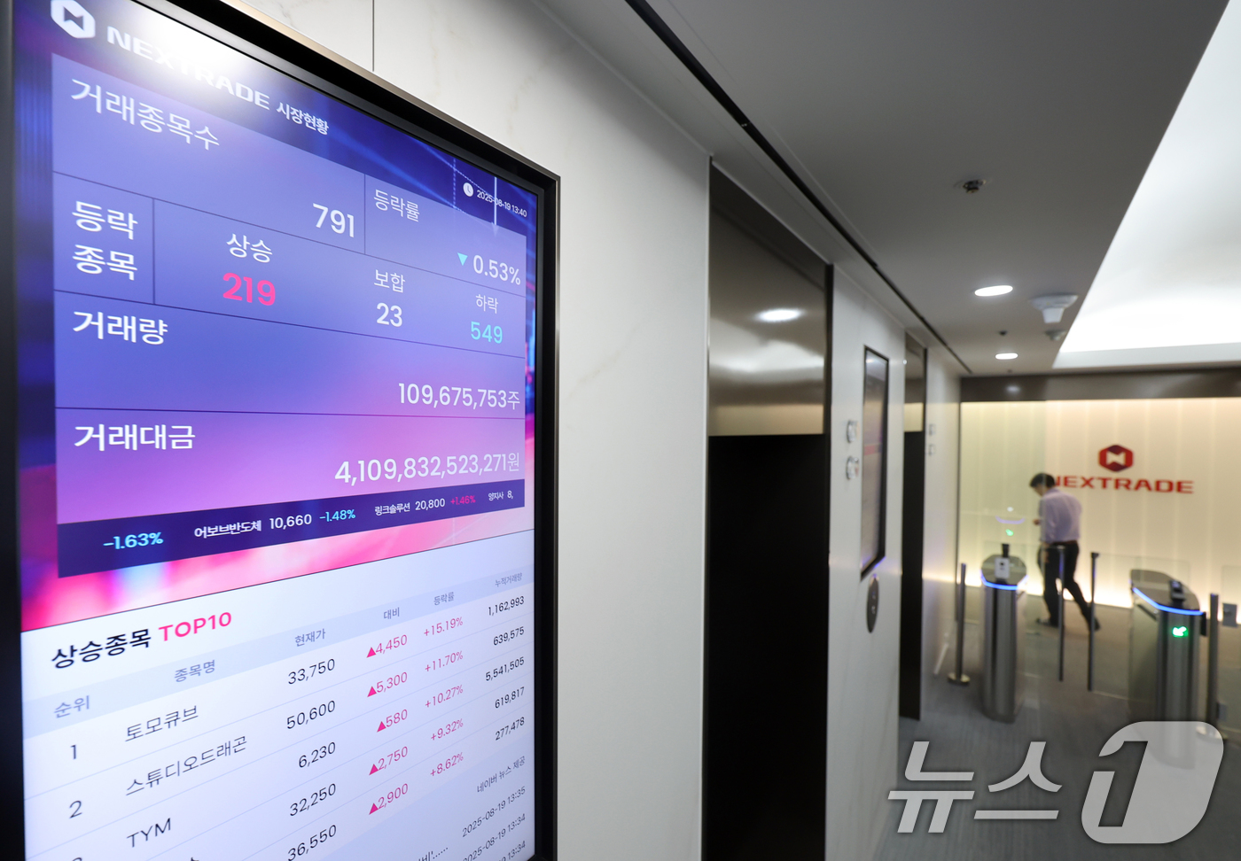 (서울=뉴스1) 황기선 기자 = 19일 서울 영등포구 여의도 넥스트레이드 사무실에서 직원들이 오가고 있다.지난 18일 넥스트레이드는 79종목을 매매체결대상에서 한시적으로 제외한다고 …