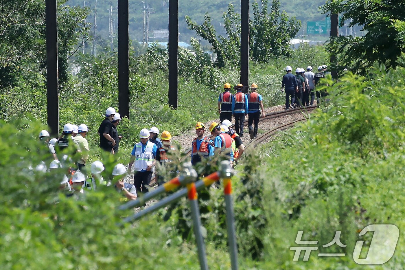 본문 이미지 - 19일 오전 10시 52분쯤 경북 청도군 화양읍 삼신리 청도소싸움 경기장 인근 경부선 철로에서 마산으로 향하던 무궁화 열차가 선로에서 작업하던 근로자 7명을 치는 사고가 발생했다. 경찰과 소방, 코레일 등 관계자들이 사고 현장을 조사하고 있다. 2025.8.19/뉴스1 ⓒ News1 공정식 기자