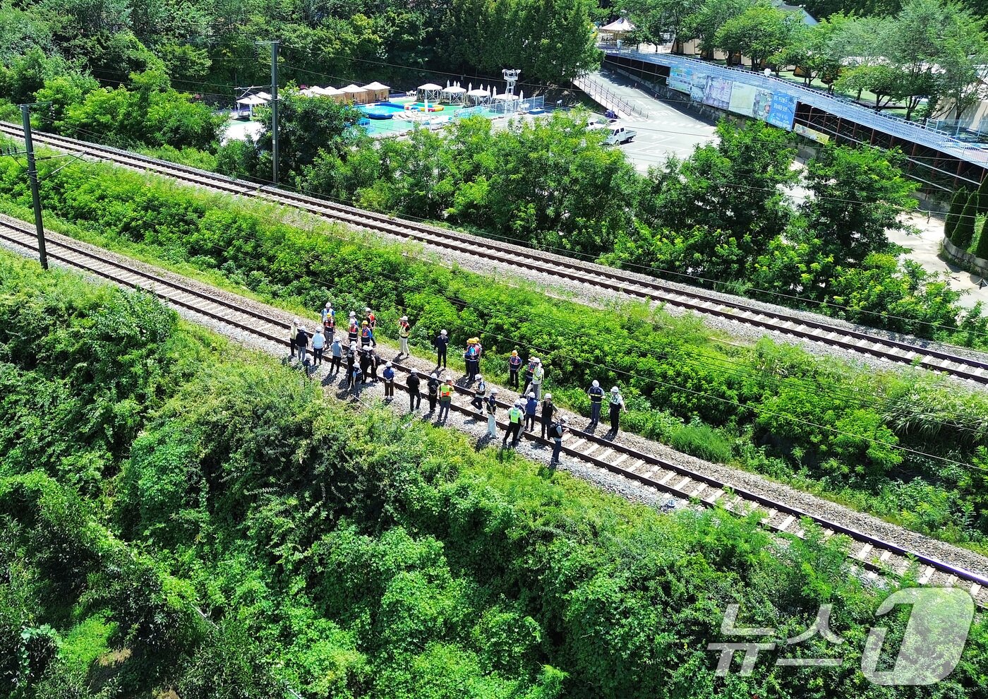 본문 이미지 - 19일 오전 10시 52분쯤 경북 청도군 화양읍 삼신리 청도소싸움 경기장 인근 경부선 철로에서 마산으로 향하던 무궁화 열차가 선로에서 작업하던 근로자 7명을 치는 사고가 발생했다. 경찰과 소방, 코레일 등 관계자들이 사고 현장을 조사하고 있다. 2025.8.19/뉴스1 ⓒ News1 공정식 기자