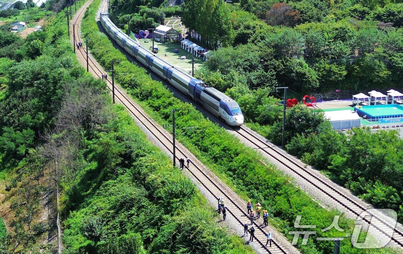 본문 이미지 - 19일 오전 10시 52분쯤 경북 청도군 화양읍 삼신리 청도소싸움 경기장 인근 경부선 철로에서 마산으로 향하던 무궁화 열차가 선로에서 작업하던 근로자 7명을 치는 사고가 발생했다. 경찰과 소방, 코레일 등 관계자들이 사고 현장을 조사하는 가운데 우측으로 열차가 서행하고 있다. 2025.8.19/뉴스1 ⓒ News1 공정식 기자