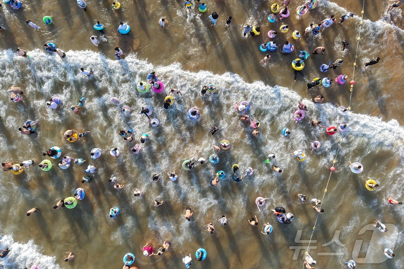 (칭다오 AFP=뉴스1) 권영미 기자 = 18일 중국 동부 산둥성 도시 칭다오의 해변에서 사람들이 더위를 식히고 있는 모습을 항공 촬영한 사진.2025.08.18.ⓒ AFP=뉴스1 …