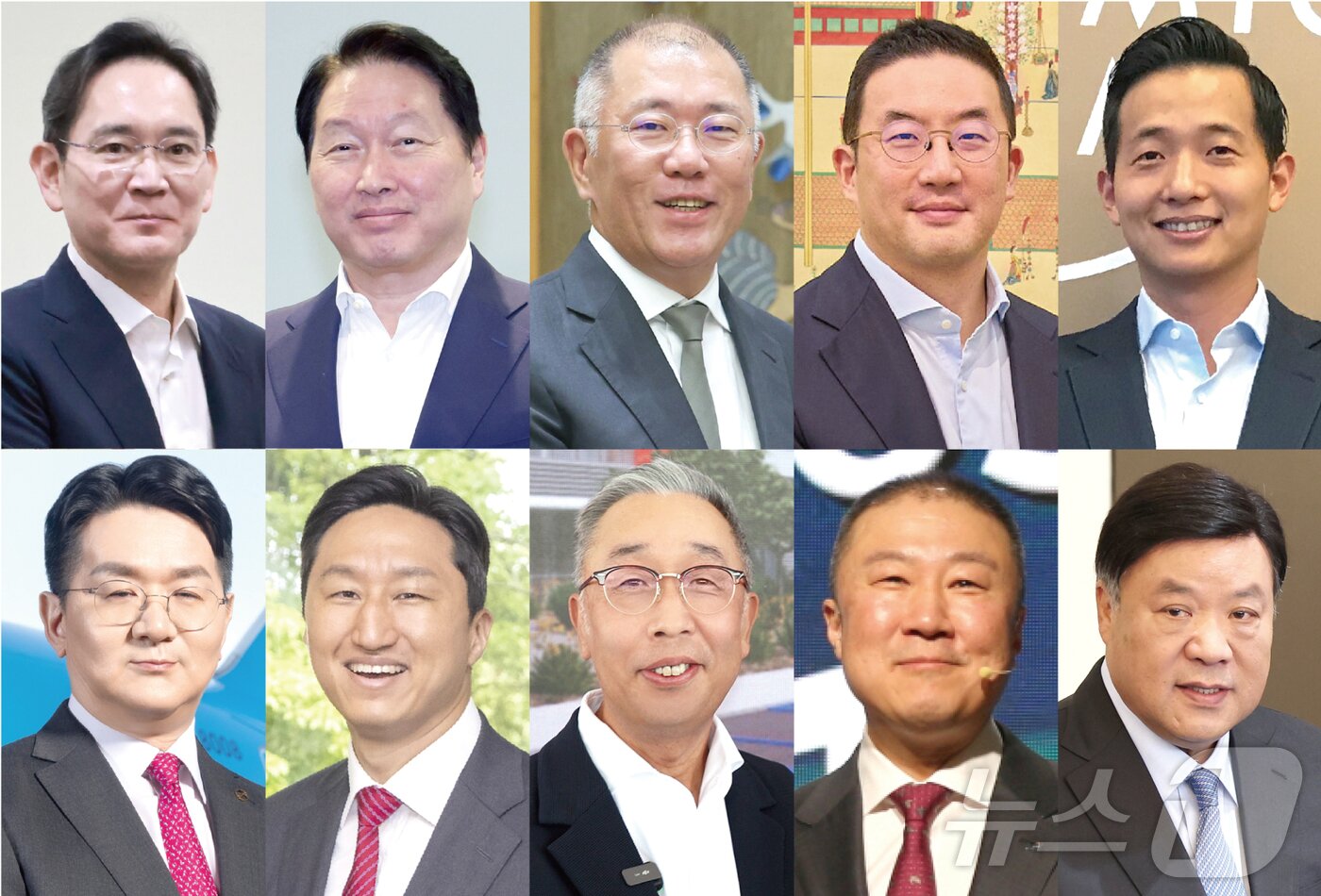 본문 이미지 -  오는 25일&#40;현지시간&#41; 열리는 한미 정상회담에 동행하는 주요 기업인. 사진 윗줄 왼쪽부터 시계 방향으로 이재용 삼성전자 회장, 최태원 SK그룹 회장, 정의선 현대차그룹 회장, 구광모 LG그룹 회장, 김동관 한화그룹 부회장, 서정진 셀트리온 회장, 구자은 LS그룹 회장, 박지원 두산에너빌리티 회장, 정기선 HD현대 수석부회장, 조원태 한진그룹 회장.