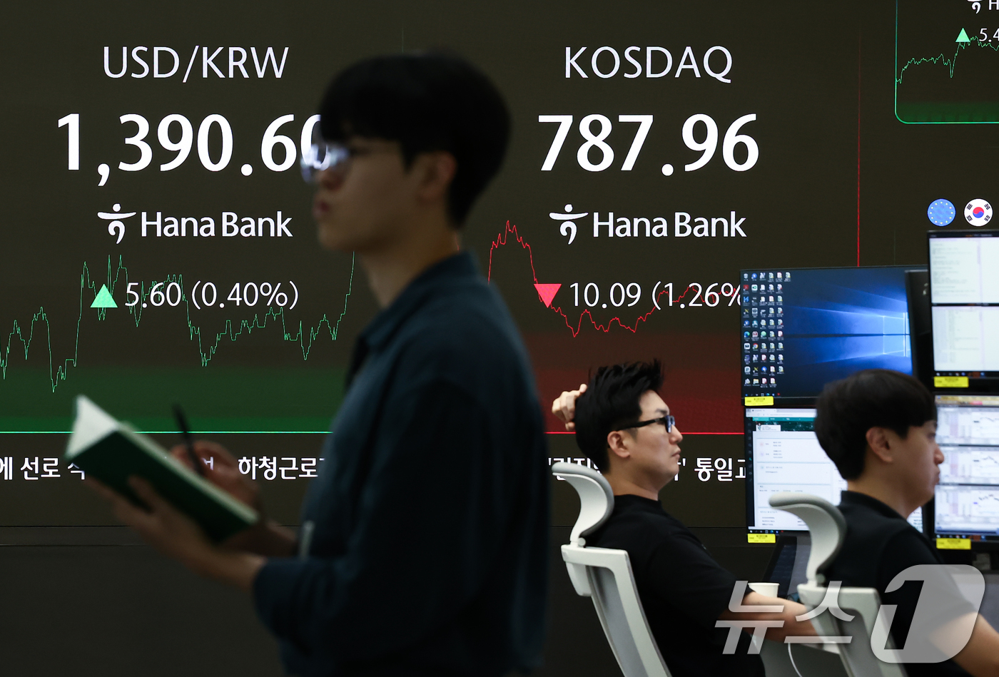 (서울=뉴스1) 김민지 기자 = 19일 오후 서울 중구 하나은행 본점 딜링룸 전광판에 코스닥 지수가 표시되고 있다.이날 코스피는 전 거래일 대비 25.72포인트(0.81%) 내린 …