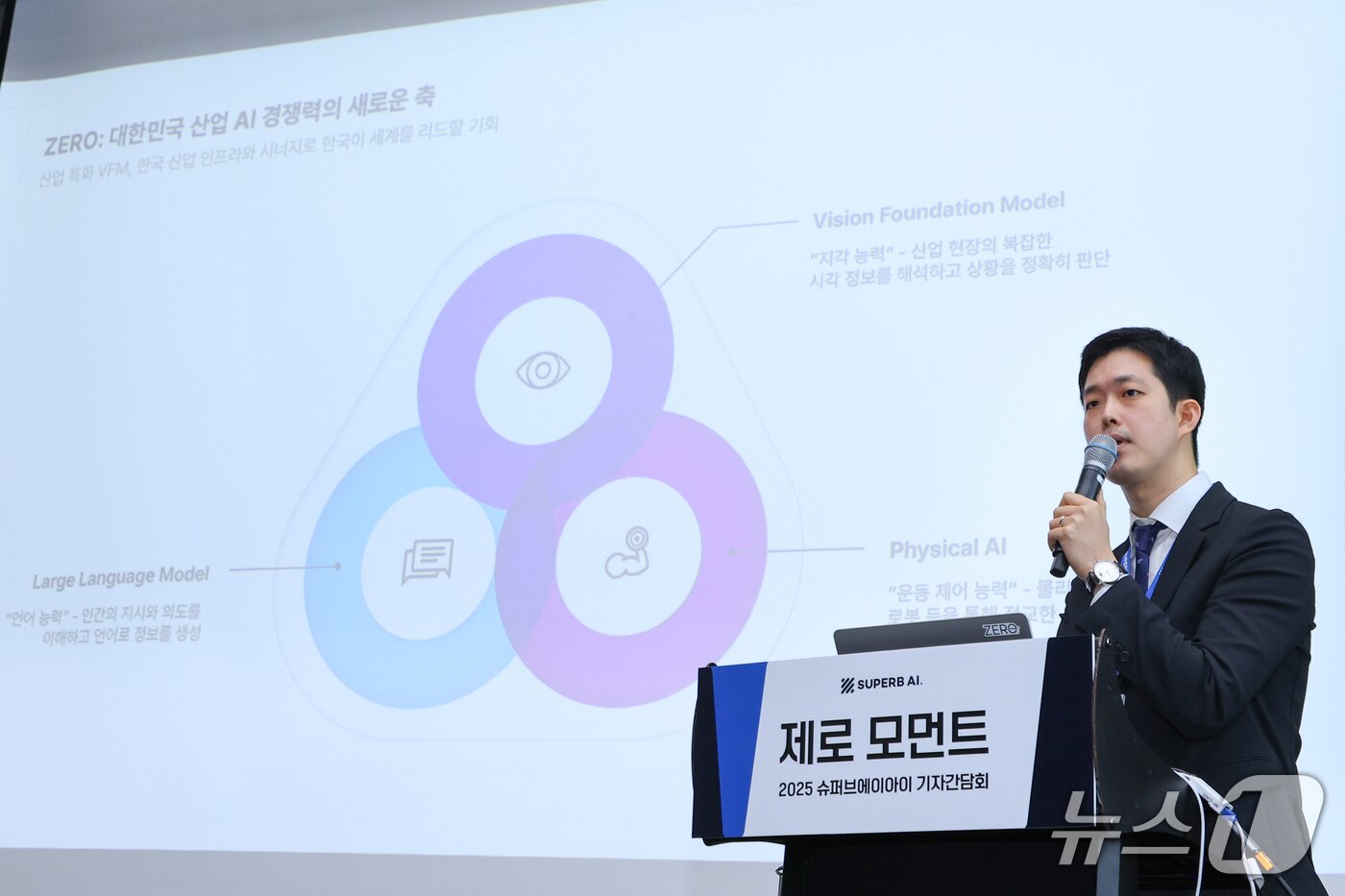 본문 이미지 - 김현수 슈퍼브에이아이 대표가 국내 최초 비전 파운데이션 모델 &#39;제로&#39; 출시를 알리는 기자간담회에서 발표하고 있다.&#40;슈퍼브에이아이 제공&#41;