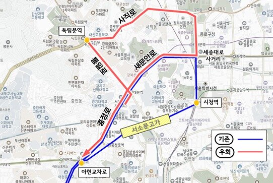 본문 이미지 - 경기도 광역노선 우회 경로1 : 통일로, 사직로, 세종대로, 새문안로 경유 &#40;1002, 1004, 8600, 8601, G6005&#41;