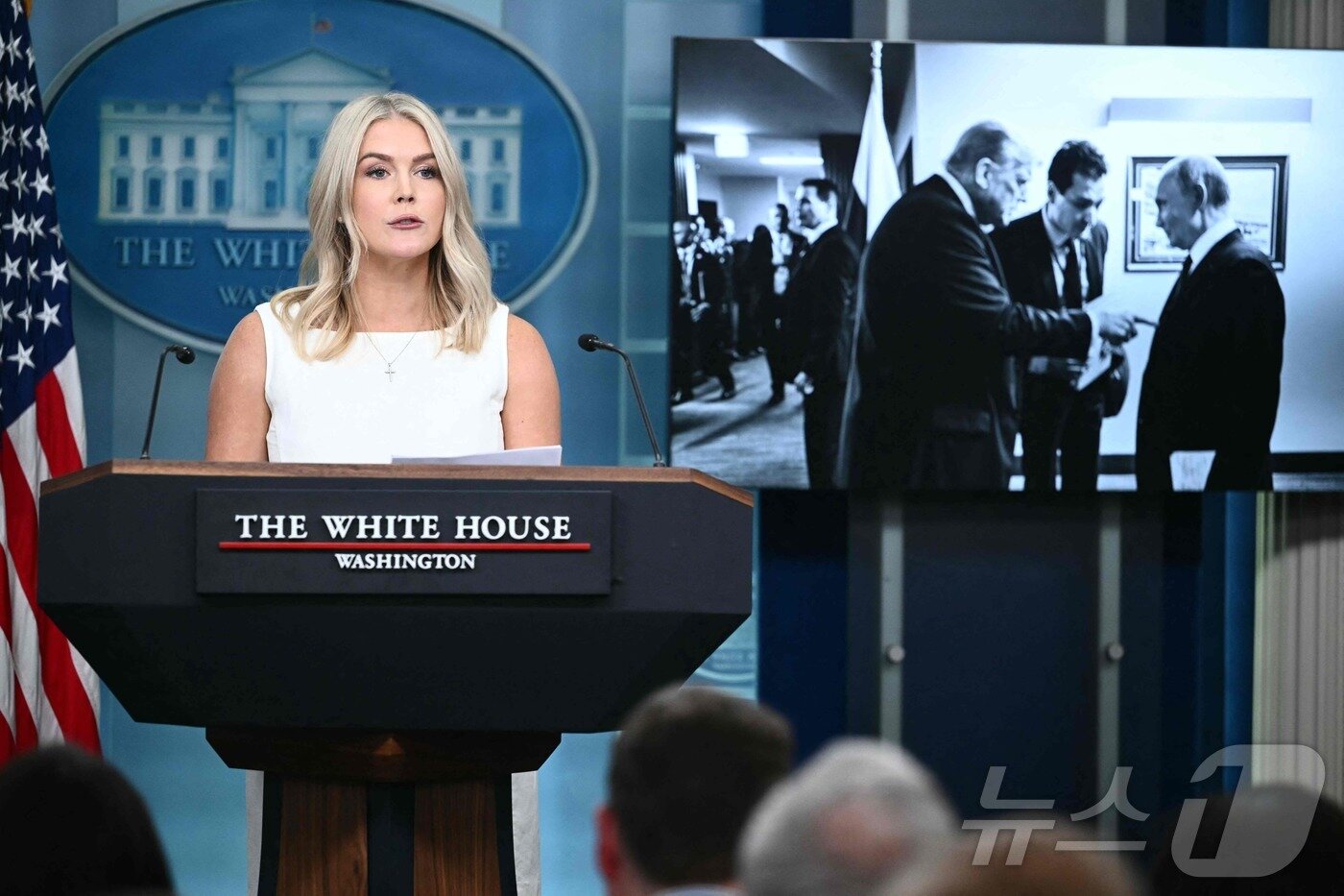 본문 이미지 - 캐롤라인 레빗 백악관 대변인이 19일(현지시간) 워싱턴DC 백악관 브래디 브리핑룸에서 지난 15일 열린 도널드 트럼프 미국 대통령과 블라디미르 푸틴 러시아 대통령 간 정상회담에 대해 설명하고 있다. 2025.08.19. ⓒ AFP=뉴스1 ⓒ News1 류정민 특파원