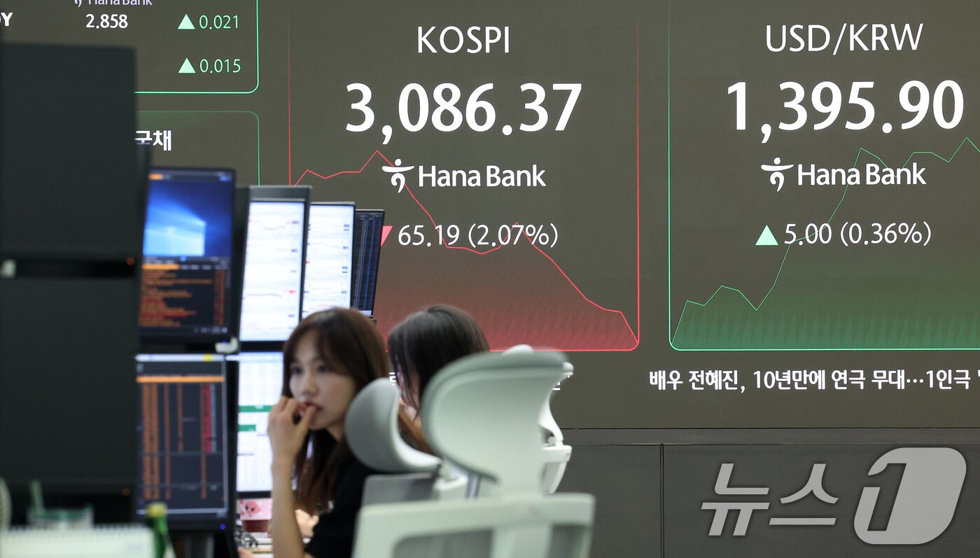 본문 이미지 - 20일 서울 중구 하나은행 딜링룸 전광판에 개장 시황이 나오고 있다. 2025.8.20/뉴스1 ⓒ News1 김성진 기자