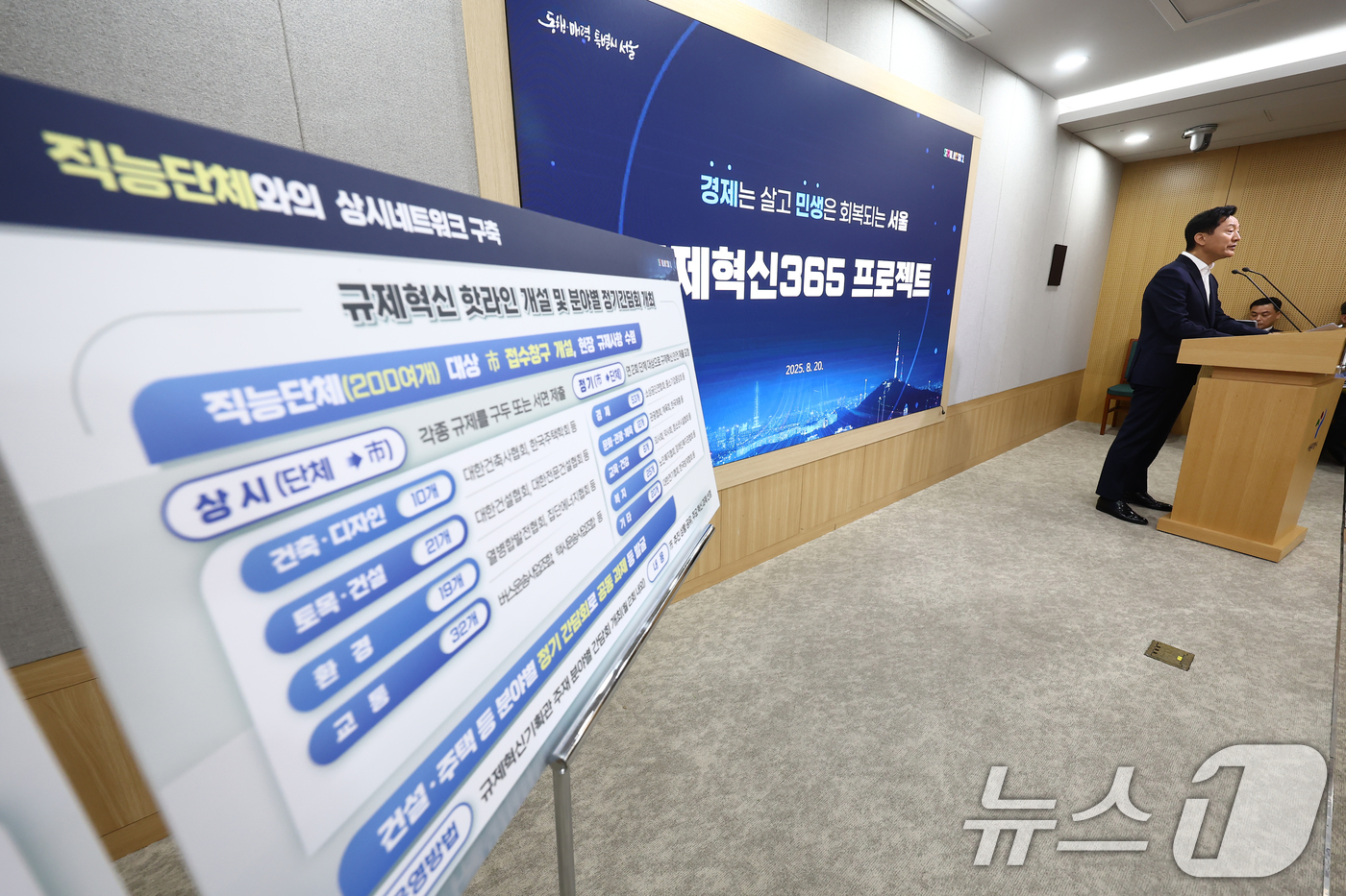 (서울=뉴스1) 김민지 기자 = 오세훈 서울시장이 20일 오전 서울 중구 서울시청에서 '규제혁신365 프로젝트' 관련 브리핑을 하고 있다. 2025.8.20/뉴스1