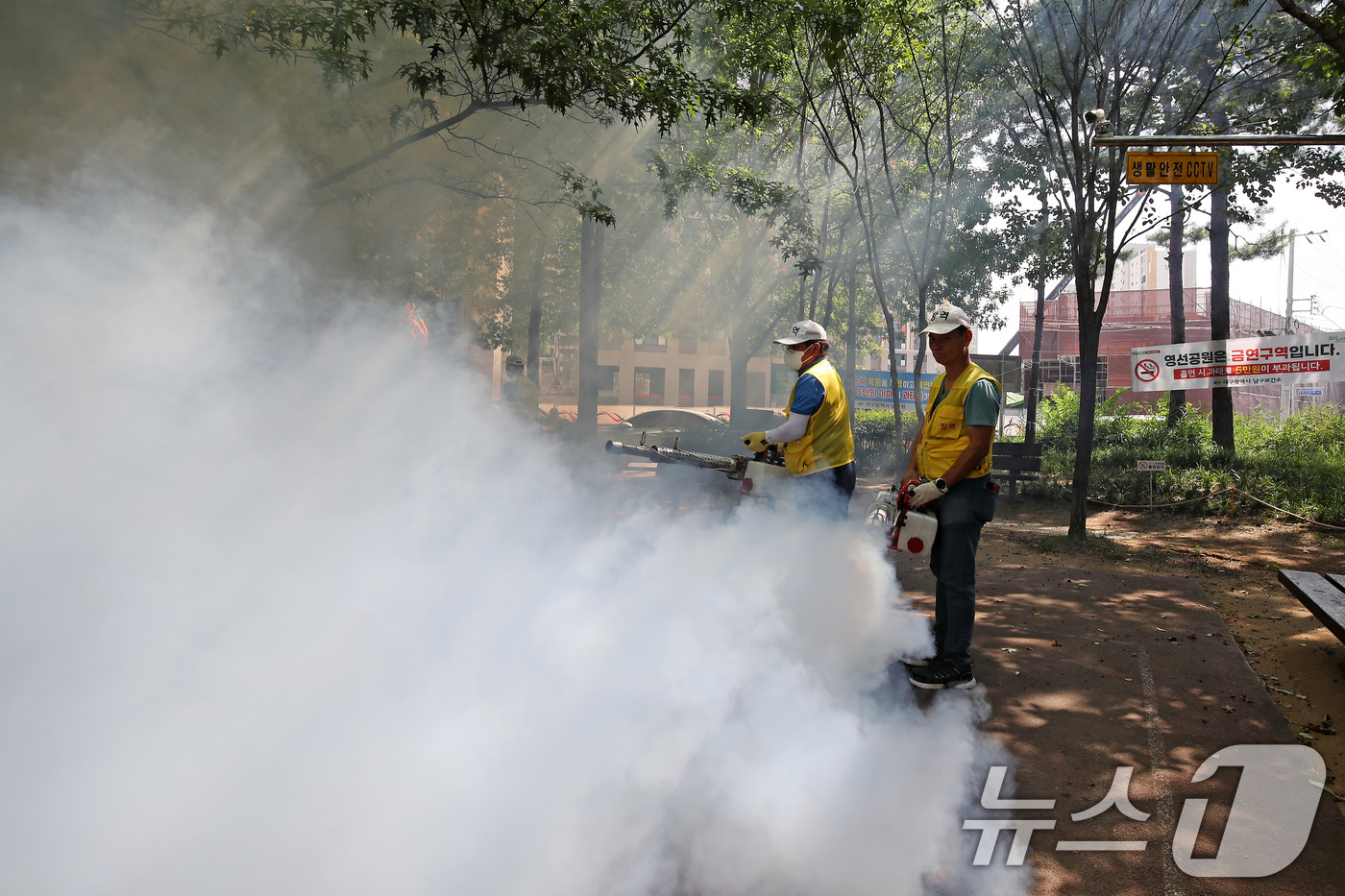 (대구=뉴스1) 공정식 기자 = 처서를 앞두고 폭염이 계속된 20일 오전 대구 남구 주택가 영선공원에서 남구보건소 방역반 관계자들이 말라리아를 비롯해 여름철 각종 감염병 매개체인 …