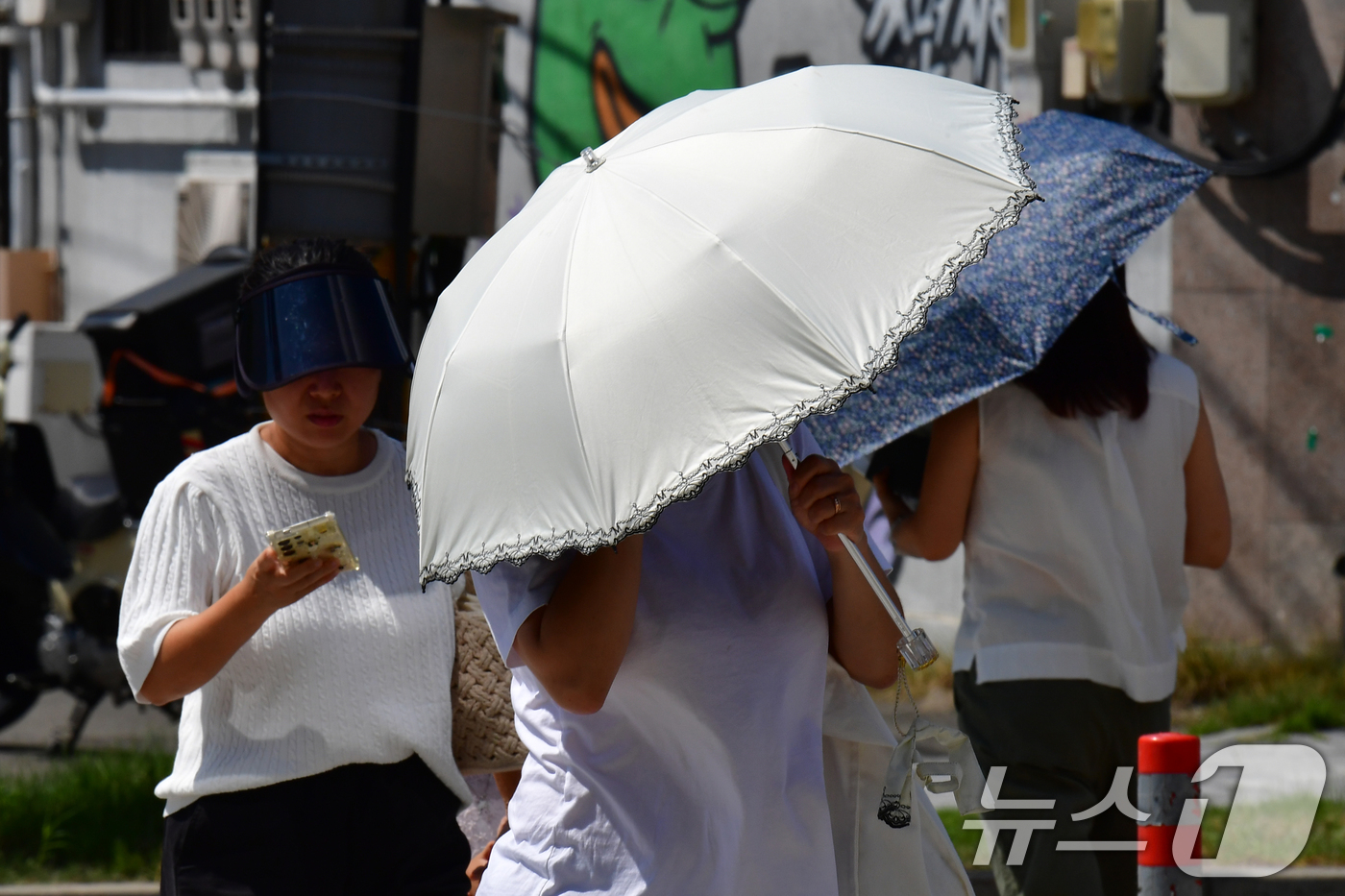 (포항=뉴스1) 최창호 기자 = 경북 포항시 전역에 폭염경보가 발령된 20일 오후 양산을 쓴 시민들이 북구청 앞 횡단보도를 건너가고 있다.  2025.8.20/뉴스1
