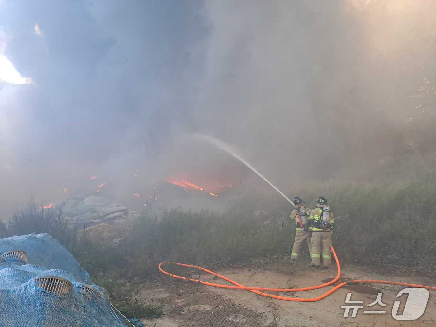 본문 이미지 - 강원 강릉시 강동면 폐목재 야적장 화재 진화 현장.(강원도소방본부 제공, 재판매 및 DB 금지) 2025.8.20/뉴스1