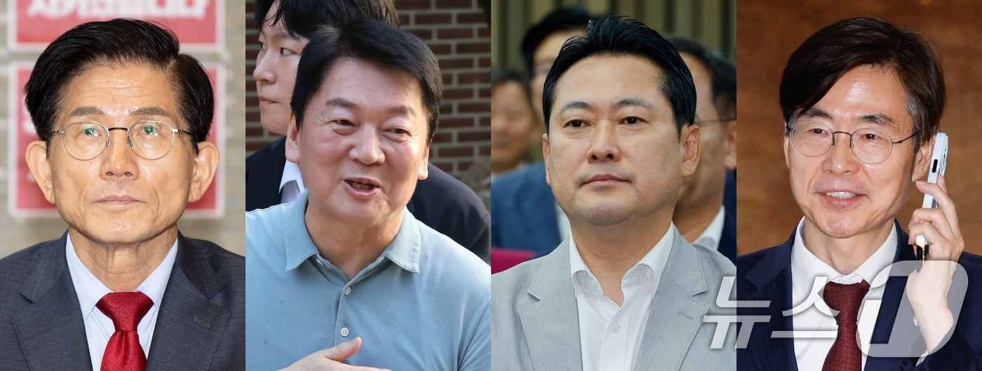 (서울=뉴스1) 안은나 이승배 기자 = 국민의힘 전당대회를 하루 앞둔 21일 김문수(왼쪽부터), 안철수, 장동혁, 조경태 국민의힘 당대표 후보가 각자 당사와 대구, 국회에서 일정을 …