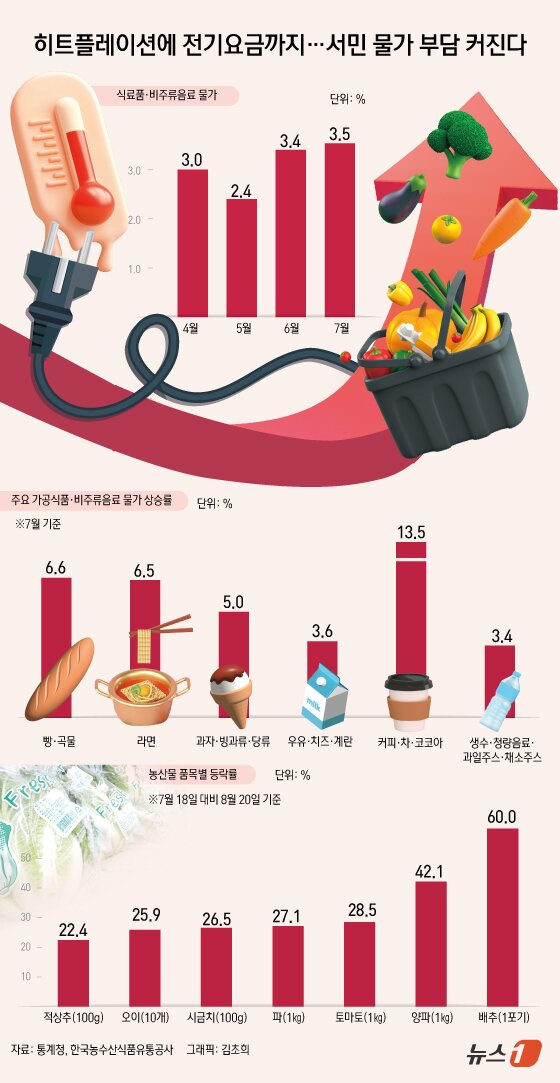 본문 이미지 - 올해 하반기 생활물가의 상승폭이 확대될 가능성이 커지고 있다. 이른바 &#39;히트플레이션&#39;&#40;폭염으로 인한 식량 가격 급등&#41;으로 먹거리 물가가 큰 폭의 상승세를 보이는 가운데, 중장기적인 전기요금 인상까지 예고되면서 향후 서민들의 부담이 더욱 가중될 전망이다. ⓒ News1 김초희 디자이너