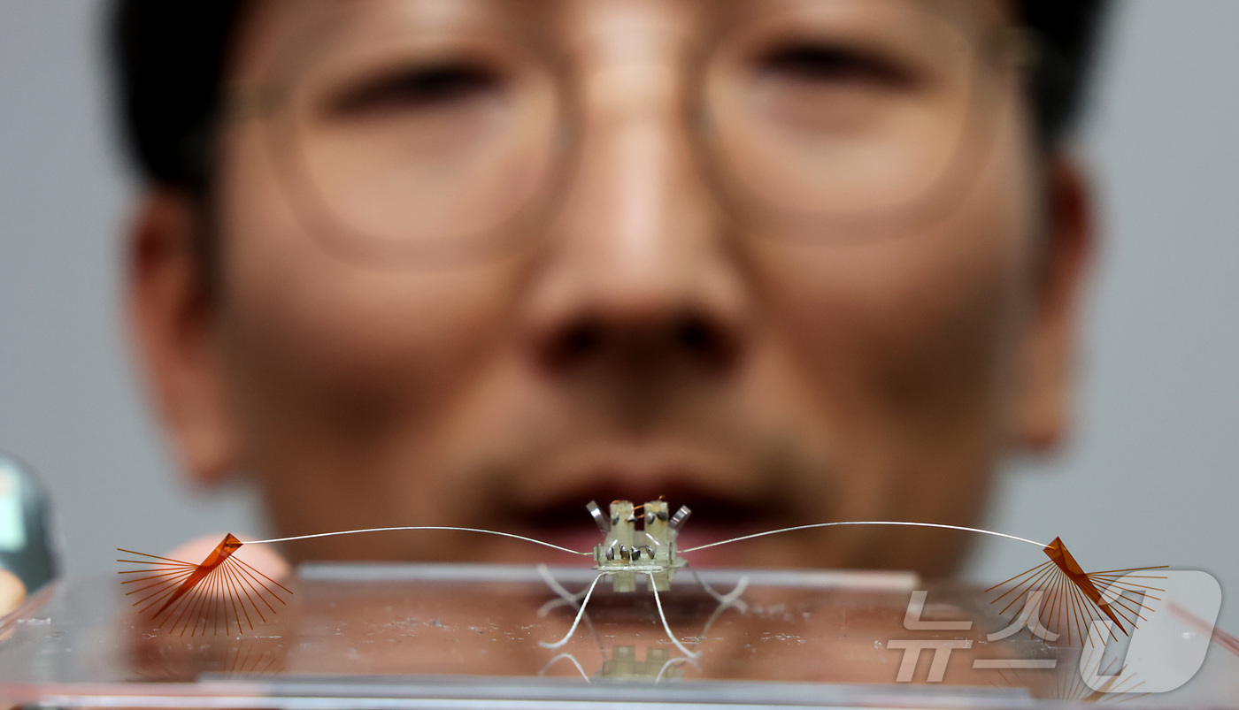 (세종=뉴스1) 김기남 기자 = 고제성 아주대학교 기계공학과 교수가 지난 21일 세종시 정부세종청사에서 수면 위를 자유자재로 기동하는 곤충인 라고벨리아(부채다리 소금쟁이)를 모사하 …