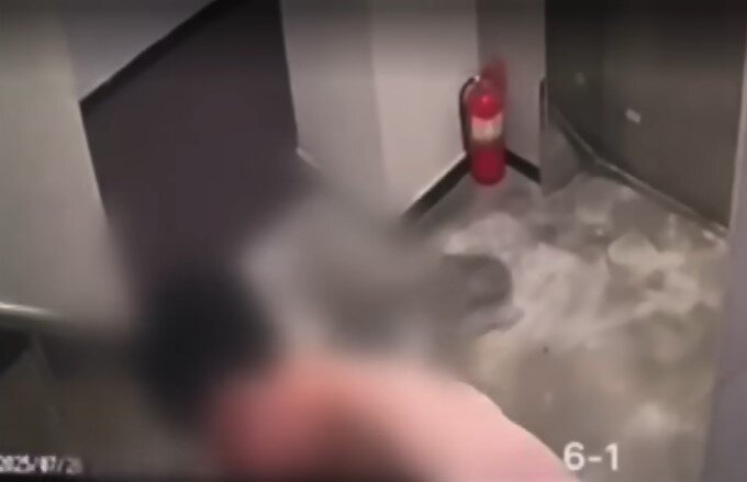 본문 이미지 - 만취한 남성이 복도에서 옷을 벗는 장면. 이후 남성은 제보자의 객실로 들어갔다. (JTBC '사건반장')