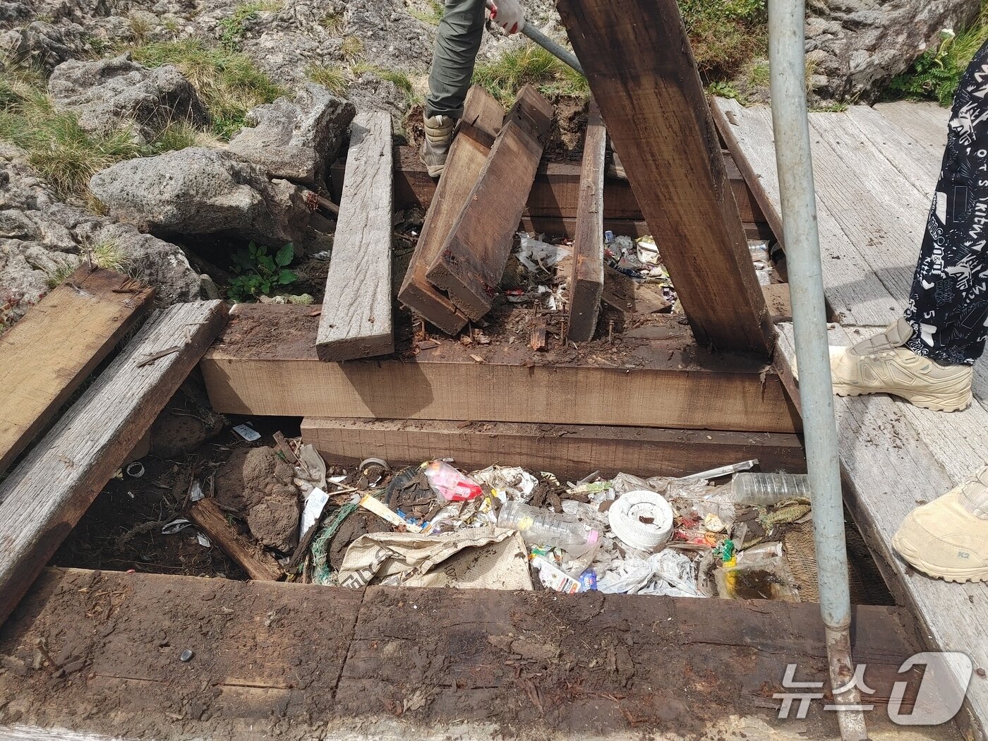 본문 이미지 - 백록담 인근 나무 데크 공사 과정에서 발견된 쓰레기(한라산국립공원관리소 제공. 재판매 및 DB 금지)/뉴스1