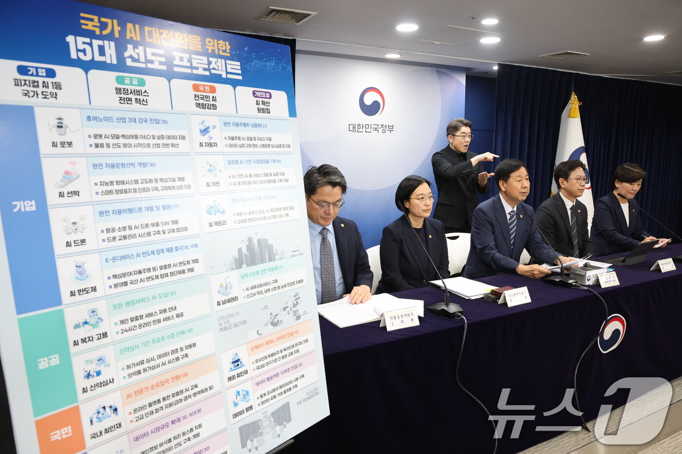 본문 이미지 - 구윤철 경제부총리 겸 기획재정부 장관이 22일 오후 서울 종로구 정부서울청사에서 새정부 경제성장전략 관계부처 합동 브리핑을 하고 있다. 왼쪽부터 문신학 산업통상자원부 1차관, 한성숙 중소벤처기업부 장관, 구윤철 부총리, 배경훈 과학기술정보통신부 장관, 송미령 농림축산식품부 장관. 2025.8.22 ⓒ 뉴스1 임세영 기자