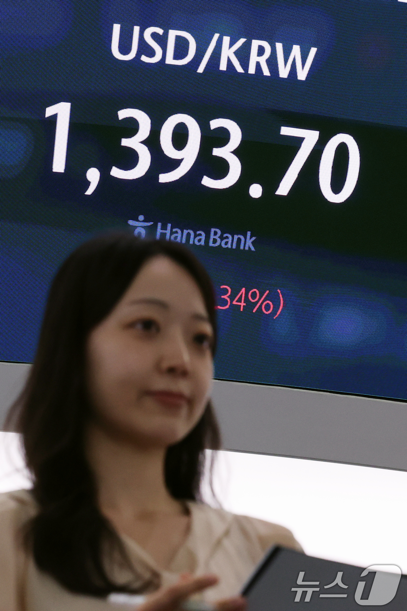 (서울=뉴스1) 황기선 기자 = 제롬 파월 연준 의장의 잭슨홀 연설을 앞둔 22일 오후 서울 중구 하나은행 딜링룸에 원·달러 환율이 1,393.70을 나타내고 있다.달러·원 환율은 …