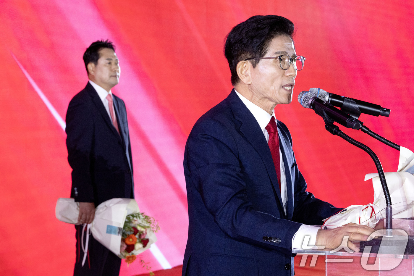 (청주=뉴스1) 신웅수 기자 = 국민의힘 당 대표 결선투표 진출자 김문수 후보가 22일 오후 충북 청주시 오스코에서 열린 제6차 전당대회에서 발언하고 있다. (공동취재) 2025. …