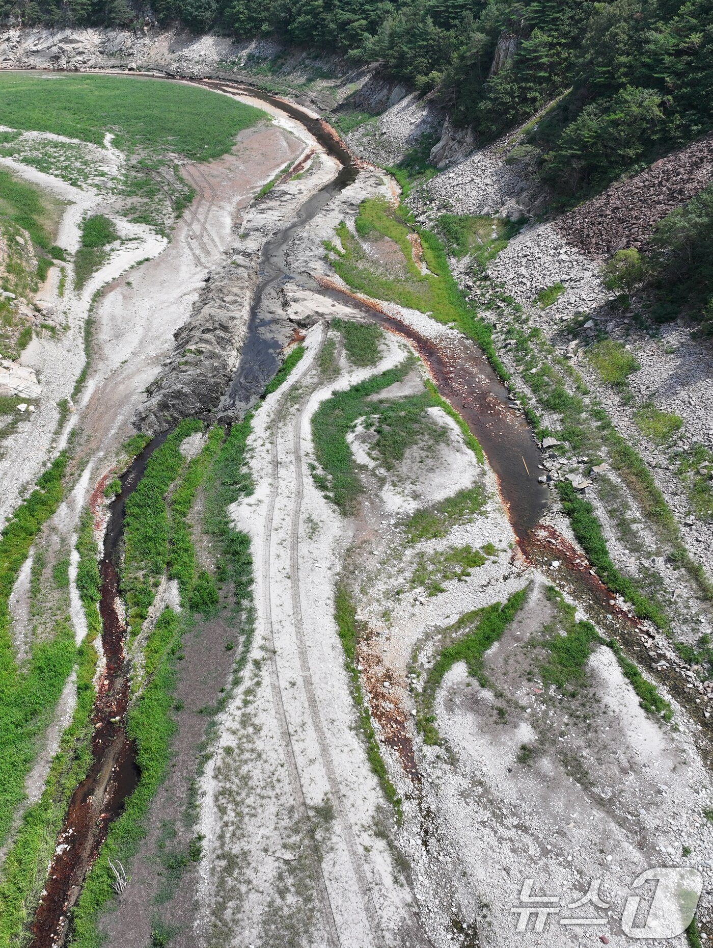 본문 이미지 - 24일 강원 강릉시 주요 상수원인 오봉저수지와 일대 하천의 바닥이 드러나 있다. 2025.8.24/뉴스1 ⓒ News1 김성진 기자