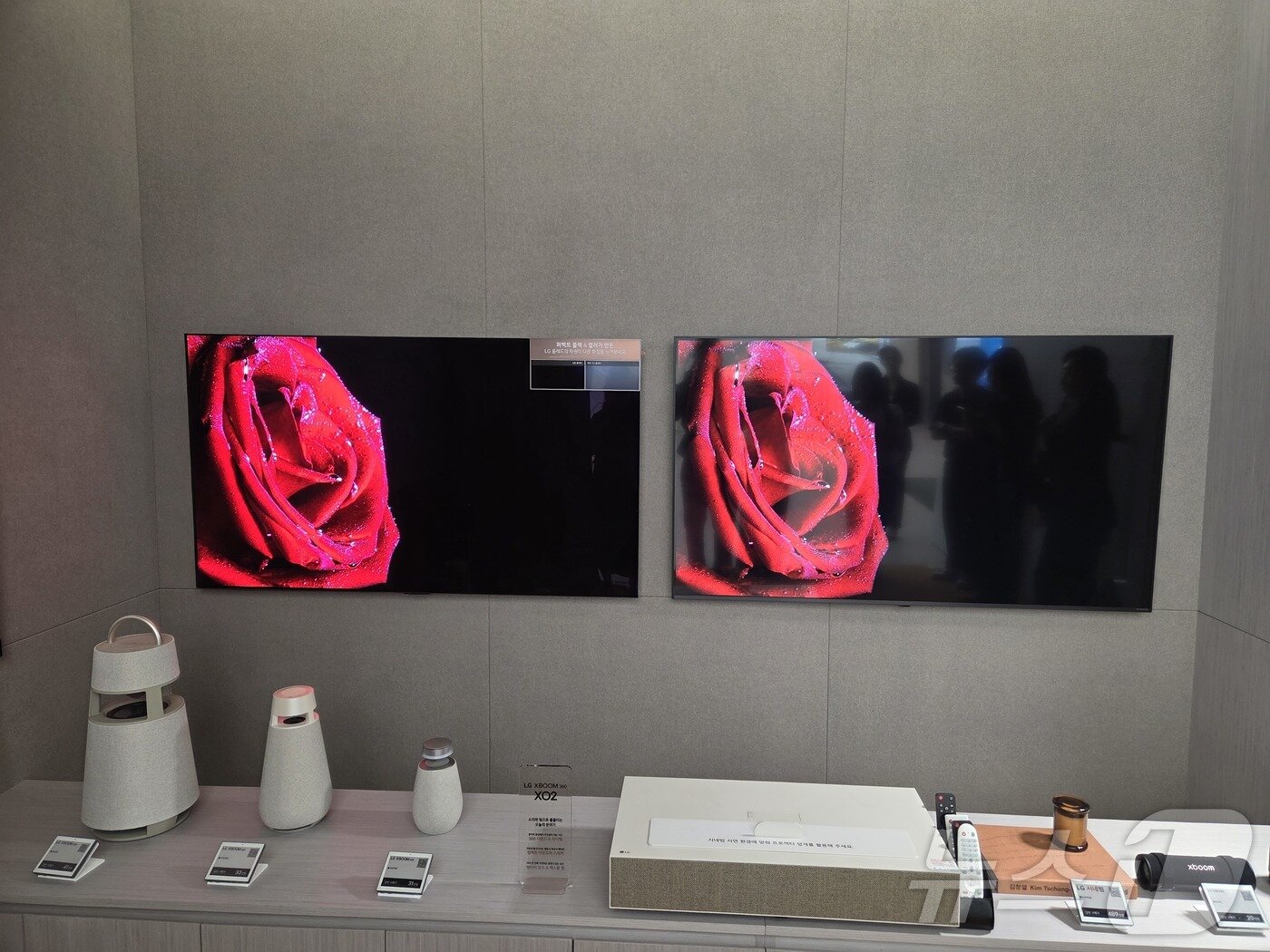 본문 이미지 - LG전자 플래그십 D5에 마련된 화질·음향 체험 존에서 LCD TV&#40;오른쪽&#41;과 비교해 빛 반사가 적은 OLED TV의 장점을 확인할 수 있다. 2025.8.25/뉴스1 ⓒ News1 박주평 기자