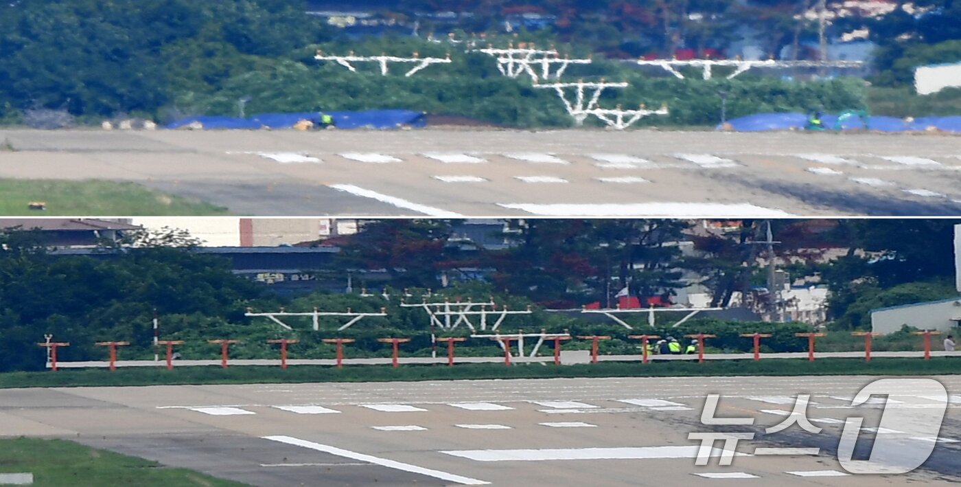 본문 이미지 - 국토교통부와 한국공항공사가 25일 경북 포항경주공항에서 방위각제공시설(LOC 로컬러이저) 구조물 개선 공사를 진행하고 있다. .2025.8.13/뉴스1 ⓒ News1 최창호 기자