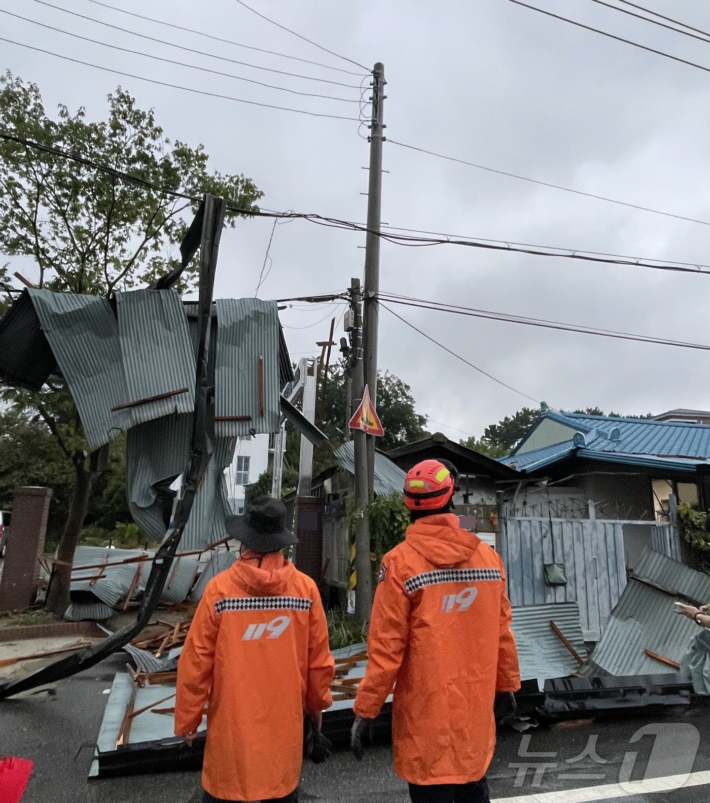 (전주=뉴스1) 강교현 기자 = 26일 전주시 덕진구 만성동 도로에서 강풍에 날린 지붕이 케이블 선 위에 걸려 있다.(전북소방본부 제공. 재판매 및 DB금지)2025.8.26/뉴스 …