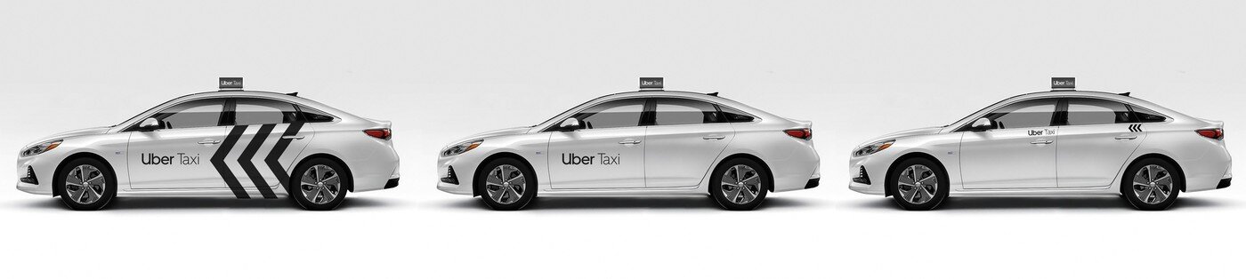 본문 이미지 - 왼쪽부터 순서대로 기존 우버 택시 래핑 디자인, &#39;브랜드형&#39; 옵션, &#39;광고형&#39; 옵션 &#40;우버 택시 제공&#41;