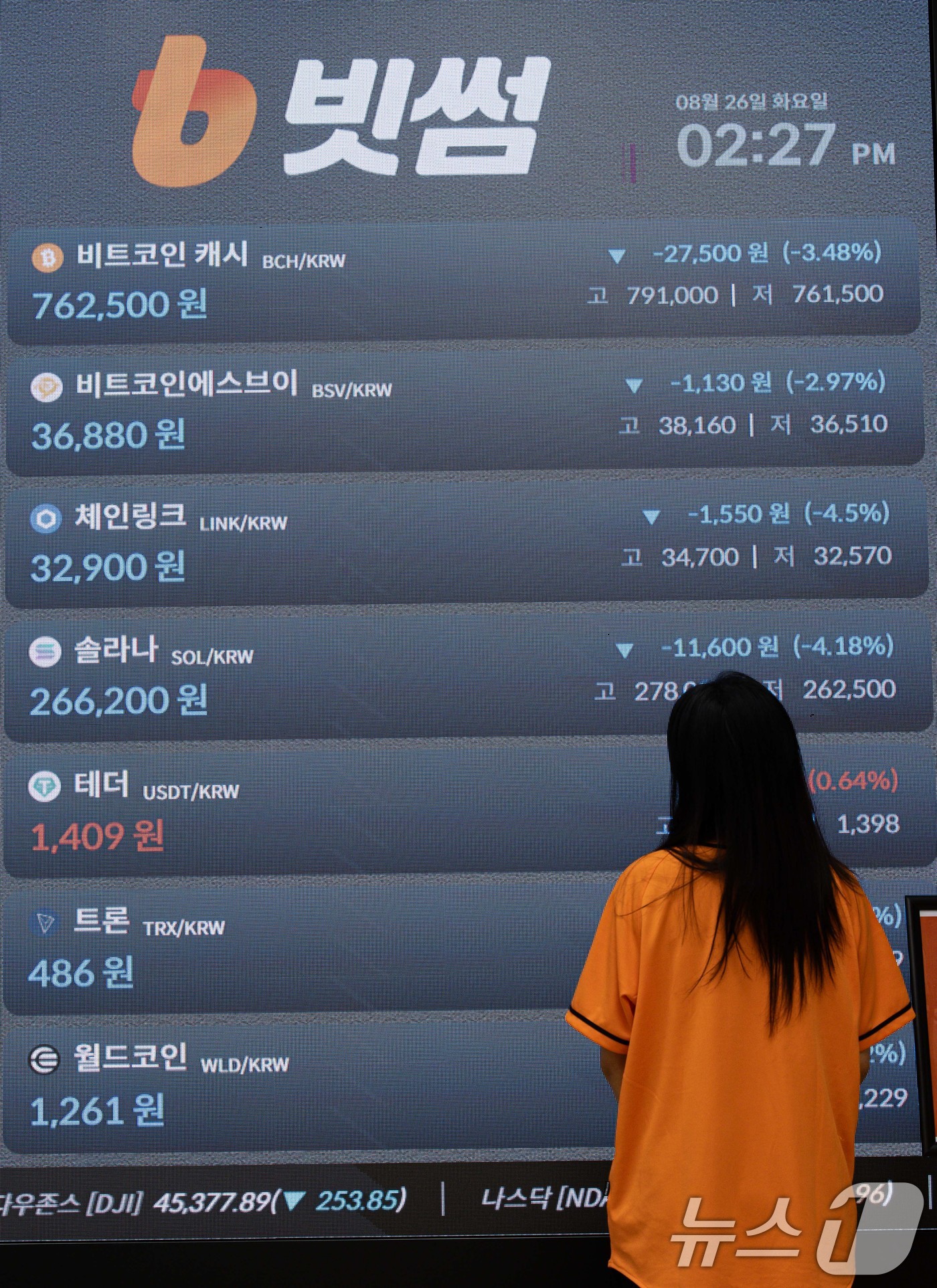 (서울=뉴스1) 이재명 기자 = 26일 서울 서초구 빗썸 고객센터에 비트코인을 비롯한 알트코인 시세가 보이고 있다.전 세계 가상자산 파생상품 시장에서 1조 원이 넘는 규모의 자금이 …