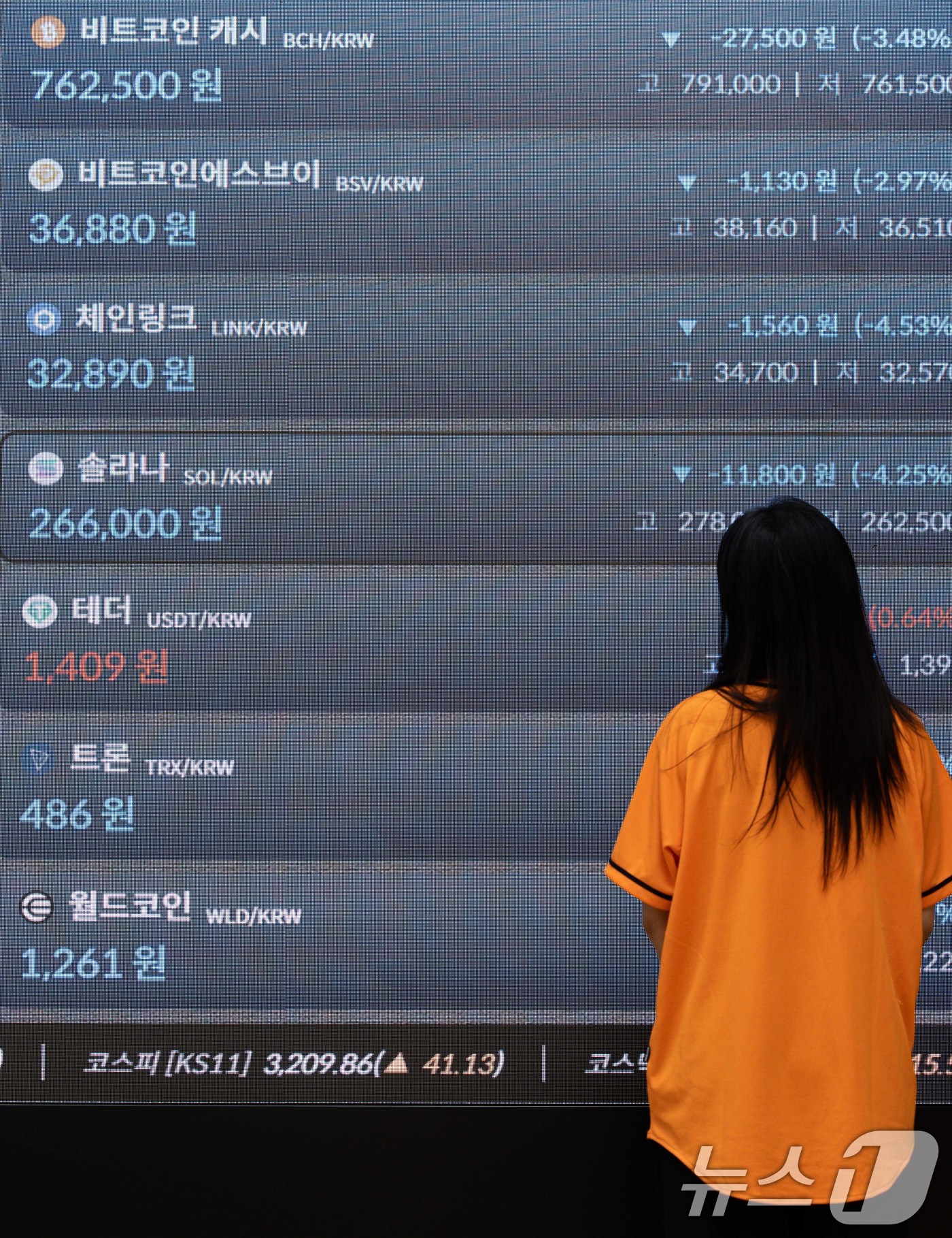 (서울=뉴스1) 이재명 기자 = 26일 서울 서초구 빗썸 고객센터에 비트코인을 비롯한 알트코인 시세가 보이고 있다.전 세계 가상자산 파생상품 시장에서 1조 원이 넘는 규모의 자금이 …