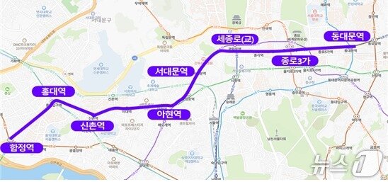 본문 이미지 - 합정역에서 동대문역을 오가는 심야 자율주행버스&#40;A21&#41; 노선도.&#40;서울시 제공&#41;